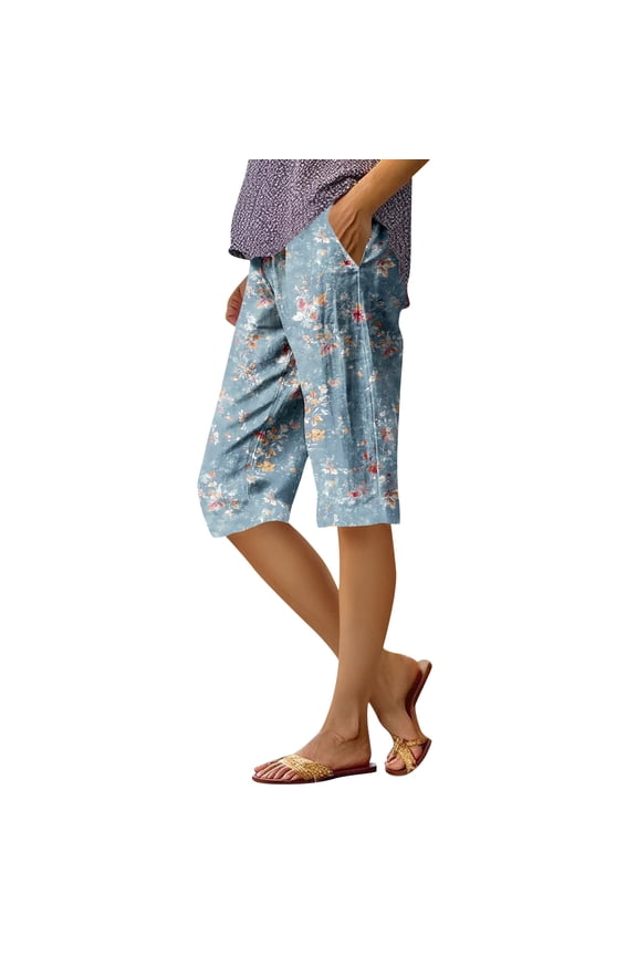 Pedal Pushers for Women Linen Capri Pants Dressy Casual Knee Length High Waisted Gauze Pants Trendy Summer Linen Capri Pants with Pockets Light Blue S