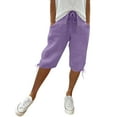 thumbnail image 1 of Mlqidk Pedal Pushers for Women Linen Capri Pants Trendy Summer Knee Length Elastic Waist Ladies Shorts Dressy Casual Linen Capris with Pockets Purple XL, 1 of 6