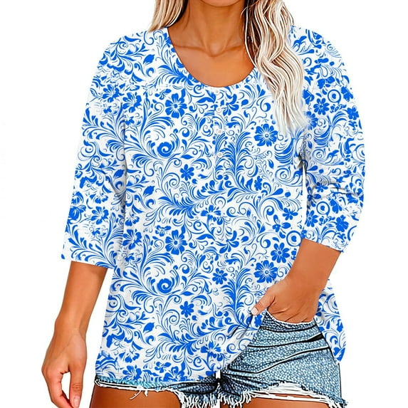 Mlqidk Plus Size Blouses for Women Summer Plus Size Womens Tunics Button Henley Shirts 3/4 Sleeve T Shirts Curvy Women Floral Print Dressy Casual T Shirts Plus Size Womens Clothes Sky Blue 4XL