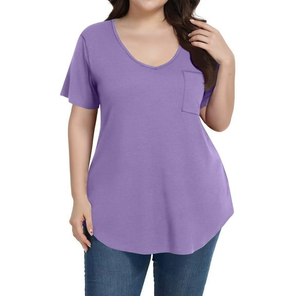 Mlqidk Plus Size T Shirts for Women Loose Fit Cute Tees Short Sleeve Crew Neck Solid Color Blouses Summer Casual Tunic Tops Light Purple 3XL