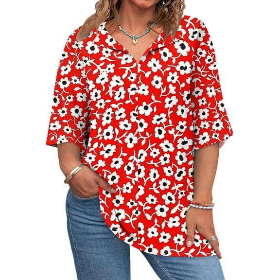 Mlqidk Plus Size T Shirts for Women Loose Fit Cute Tees V Neck 3/4 Sleeve Floral Print Blouses Summer Casual Tunics Blouses Red 3XL