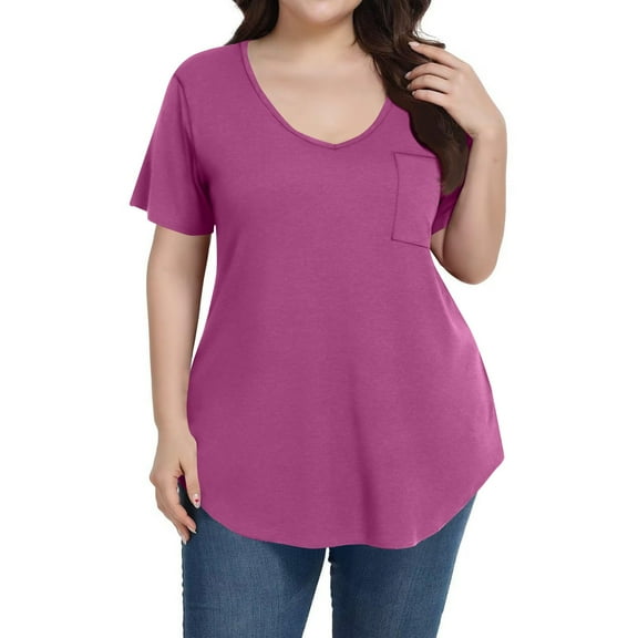 Mlqidk Plus Size T Shirts for Women Loose Fit Sexy Tunics Short Sleeve Crew Neck Solid Color Blouses Summer Trendy Tunics Purple Pink XL