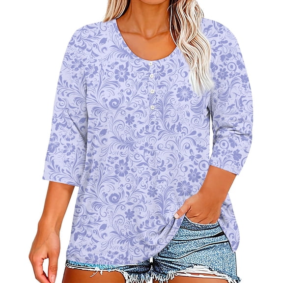 Mlqidk Plus Size Tops for Women 4x-5x Womens Plus Size Dressy Tops Button Henley Shirts Women Plus Sizes 3/4 Sleeve Blouse Floral Print Casual Graphic Tees Loose Fit Womens Clothing Light Purple 4XL