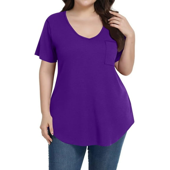 Mlqidk Plus Size Tops for Women Dressy 4x-5x 5 Plus Size Blouses Crew Neck Womens Short Sleeve Tops Solid Color Casual Blouses Women Loose Fit Clothes Purple 2XL