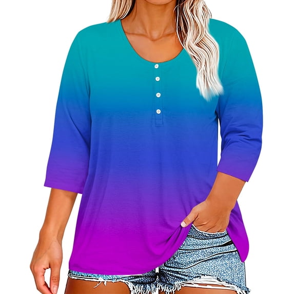 Mlqidk Plus Size Tops for Women Dressy Clearance Sexy Plus Size Tops Button Henley Shirts 3/4 Sleeve T Shirts Plus Women Gradient Print Casual Tshirt Loose Fit Clothes for Women Blue 3XL