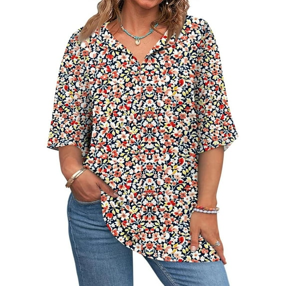 Mlqidk Plus Size Tops for Women Dressy Fashion Womens 5x Blouse V Neck Plus Size 3/4 Sleeve Tops Floral Print Casual Tshirt 4x Womens Plus Size Clothes Watermelon Red 4XL