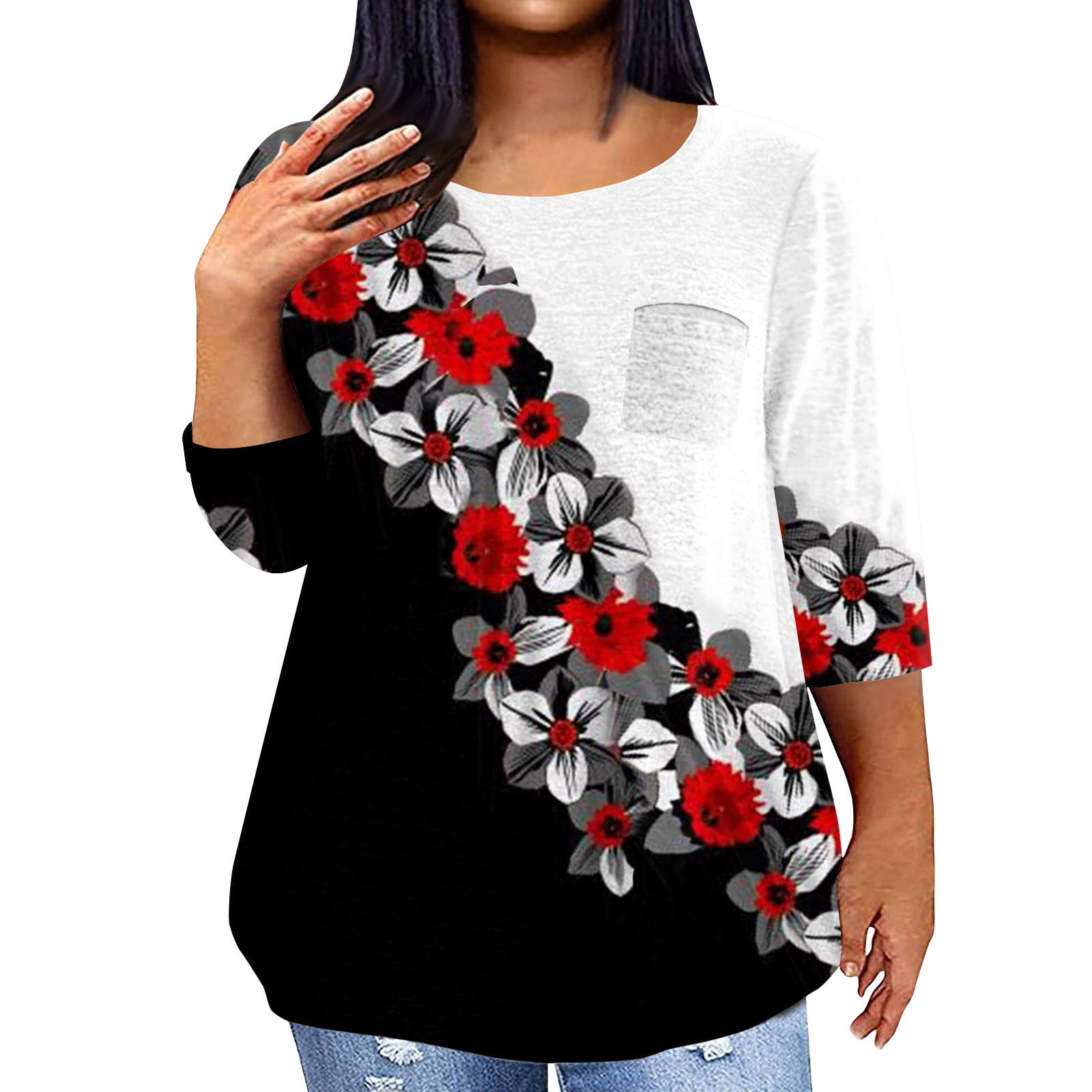 Women's Raglan Sleeve Blouse – Ethnic Floral Print, Quarter Sleeve, Crew Neck, Casual Tunic Top