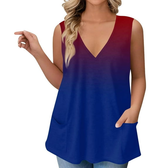 Mlqidk Plus Size Tops for Women Sexy Summer Deep V Neck Tank Tshirts Gradient Graphic T-Shirt Sleeveless Tunics Shirts Loose Casual Tunic Tops Blue 4XL
