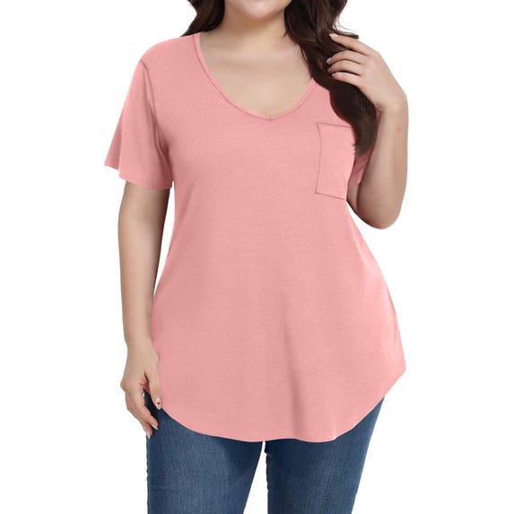 Mlqidk Plus Size Tops for Women Dressy Casual Going Out Tees Crew Neck Short Sleeve Solid Color T-Shirt Summer Tunics Blouses Pink XL