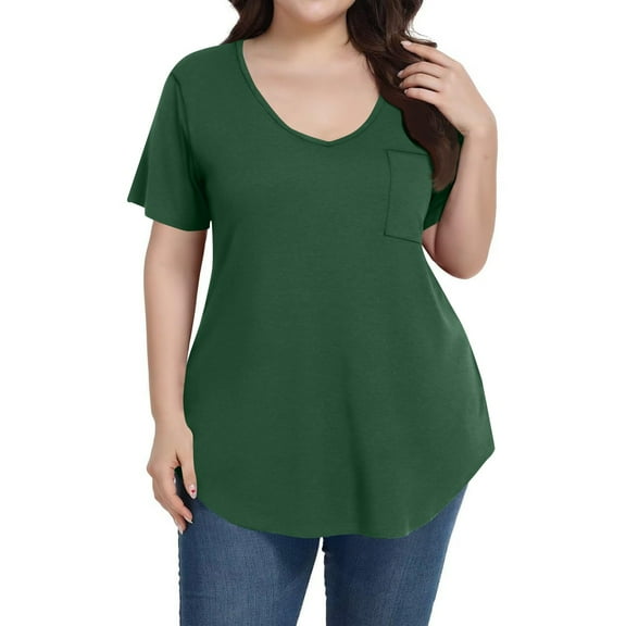 Mlqidk Plus Size Tops for Women Dressy Summer Sexy Shirts Crew Neck Short Sleeve Solid Color T-Shirt 4x-5x Casual Trendy Tunics Dark Green 2XL