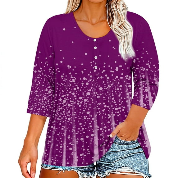 Mlqidk Plus Size Tshirts for Women Summer Tunic Tops Button Henley Shirts Plus Size Top 2x 3/4 Sleeves Dressy Casual Floral Graphic Tees 5x Women Plus Size Clothing Dark Purple 4XL
