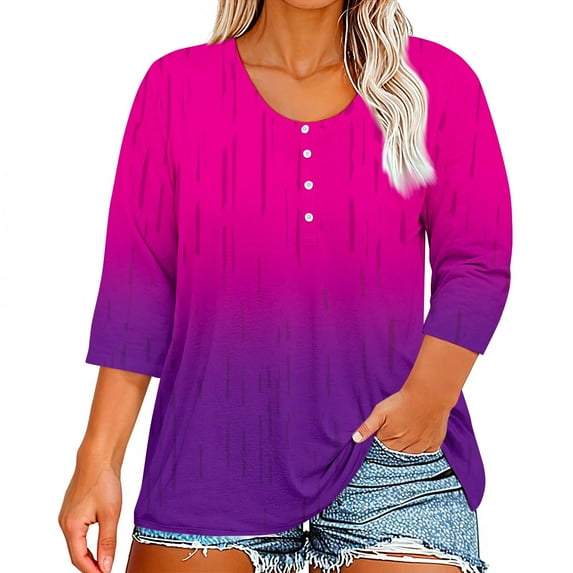 Mlqidk Plus Size Tshirts for Women Fashion Sexy Plus Size Tops Gradient Print Button Henley Shirts Womens 3/4 Sleeve Tops Dressy Casual Tshirt Women Loose Fit Clothes Hot Pink M