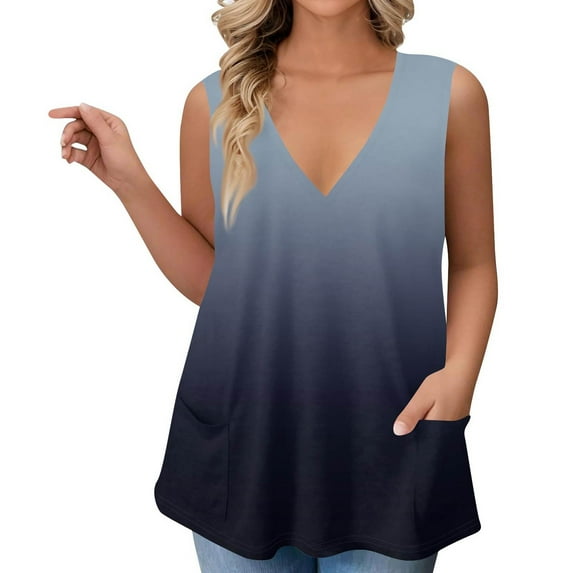 Mlqidk Plus Size Tunic Tops for Women Dressy Summer Deep V Neck T Tank Shirts Gradient Graphic T-Shirt Sleeveless Tunic Tops Large Casual Outfits for Women Navy XL