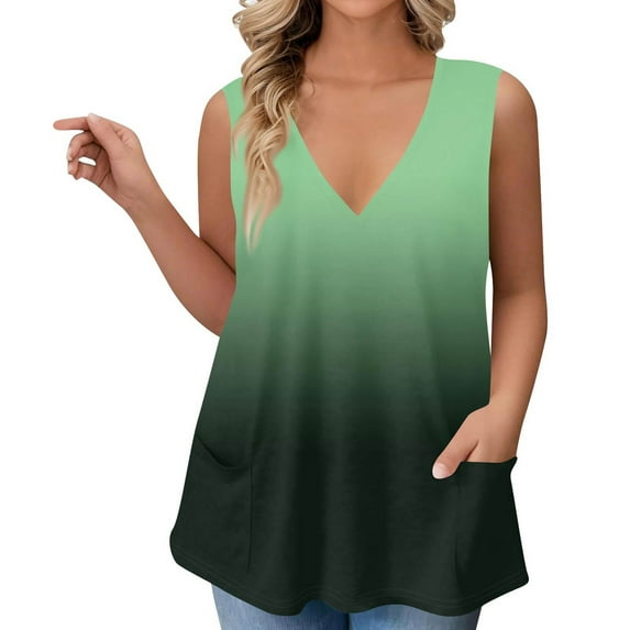 Mlqidk Plus Size Tunic Tops for Women Dressy Summer Sleeveless Tunic Tops Gradient Print T-Shirt Deep V Neck Tunic Tank Shirts Large Casual Tunics Blouses Green L