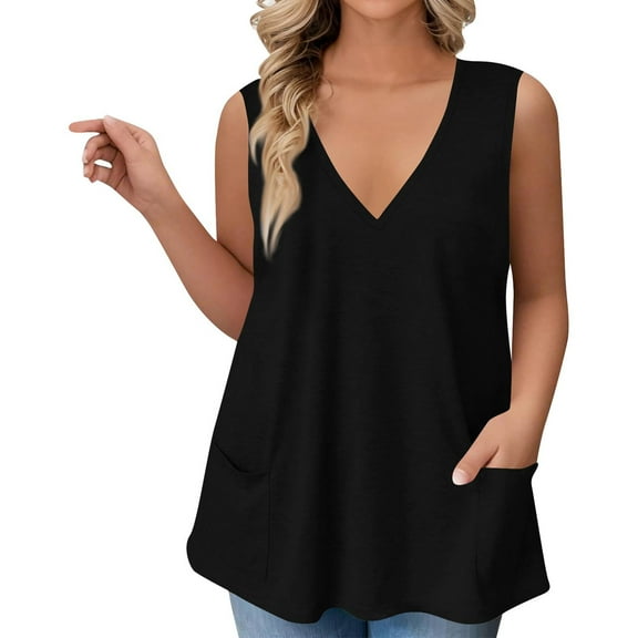 Mlqidk Plus Size Womens Tops 4x-5x Summer Deep V Neck Tank Tshirts Graphic T-Shirt Sleeveless Blouses Loose Casual Tunics Blouses Black L