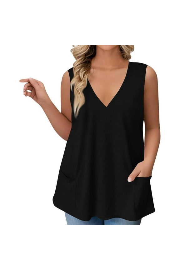 Mlqidk Plus Size Womens Tops 4x-5x Summer Deep V Neck Tank Tshirts Graphic T-Shirt Sleeveless Blouses Loose Casual Tunics Blouses Black L