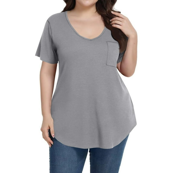 Mlqidk Plus Size Womens Tops 4x-5x Summer Short Sleeve Tunics Shirts Solid Color T-Shirt Crew Neck Shirts Loose Casual Womens Clothing Gray 4XL