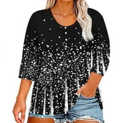 Mlqidk Plus Size Womens Tops 4x-5x Womens Top Button Henley Shirts Floral Print 3/4 Sleeves Tee Dressy Casual Tshirt 4x Womens Plus Size Clothes Black 4XL