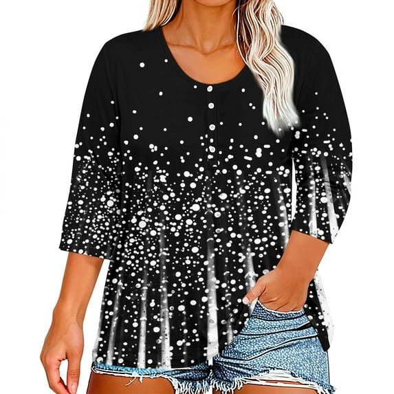 Mlqidk Plus Size Womens Tops 4x-5x Womens Top Button Henley Shirts Floral Print 3/4 Sleeves Tee Dressy Casual Tshirt 4x Womens Plus Size Clothes Black 4XL