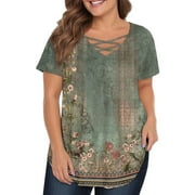 DRMAGIYHM Mlqidk Plus Size Womens Tops Cute Women's Plus Size Tunic Tops V Neck Criss Cross Plus Size Top 2x Short Sleeves Floral Print Dressy Casual Tunics Loose Fit Clothes for Women Army Green 4XL