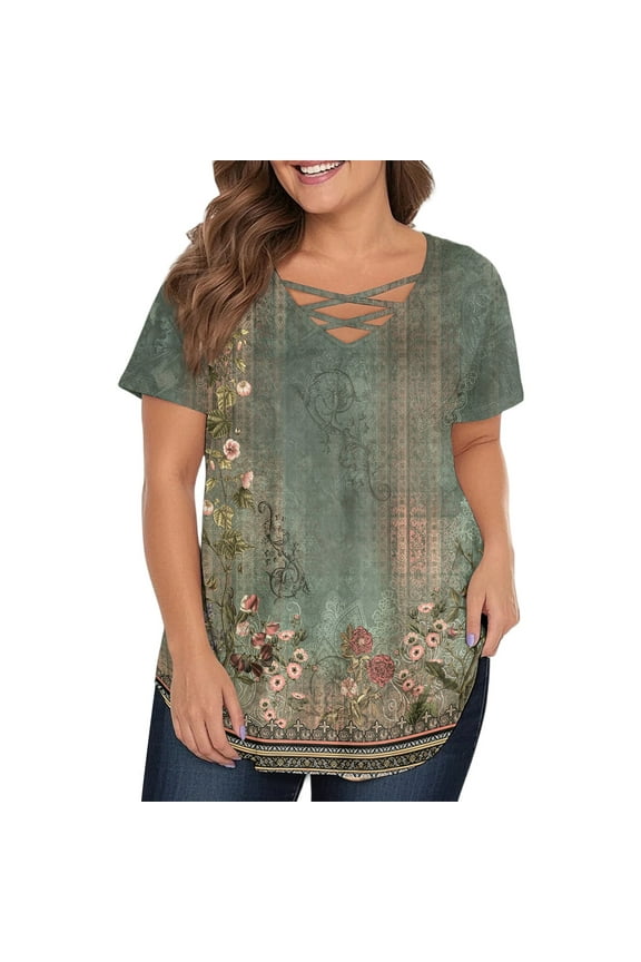 Plus Size Womens Tops Cute Women's Plus Size Tunic Tops V Neck Criss Cross Plus Size Top 2x Short Sleeves Floral Print Dressy Casual Tunics Loose Fit Clothes for Women Army Green 4XL