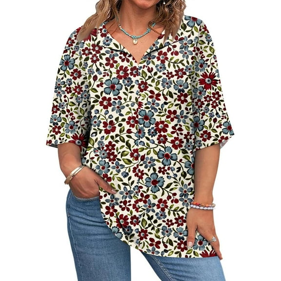 Mlqidk Plus Size Womens Tops Sexy Summer 3/4 Sleeve Shirts Floral Print T-Shirt V Neck Shirts Loose Fit Casual Summer Clothes Purple 2XL