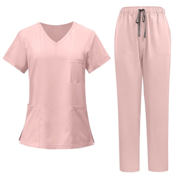 Mlqidk Womens Scrub Sets Plus Size Jogger Scrubs Petite V Neck Yoga Scrub Leg Pantss and Tops Nurse Uniforms Medical Uniforms with Pockets Pink S