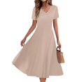 thumbnail image 1 of Mlqidk Shirt Dresses for Women V Neck A Line Casual Plus Size Long Dresses Short Sleeve Flowy Sundresses Wedding Guest Beach Clothes Camel M, 1 of 6