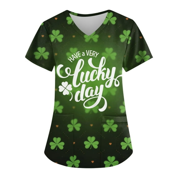 Mlqidk St Patricks Day Printed Scrub Tops for Women Nurse Uniforms for Women Short Sleeve V-Neck Shirts Tee Tops with Pockets Dark Green 4XL