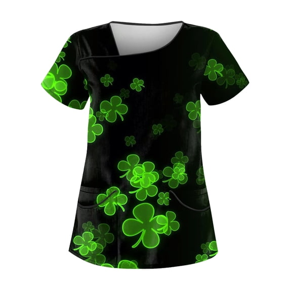 Mlqidk St Patricks Day Scrub Top for Women, Women's Scrub_tops V-Neck Short Sleeve Irish Shamrock Printed Working Uniforms with Pockets Dark Green L