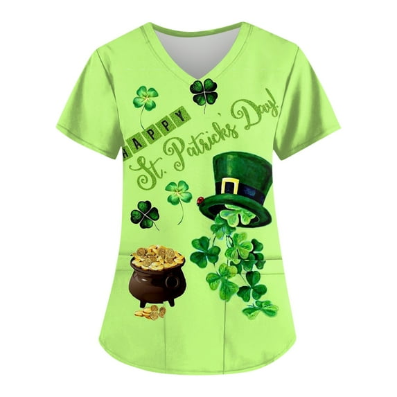 Mlqidk St Patricks Day Scrub Top for Women, Women's Scrub_tops V-Neck Short Sleeve Irish Shamrock Printed Working Uniforms with Pockets Light Green M