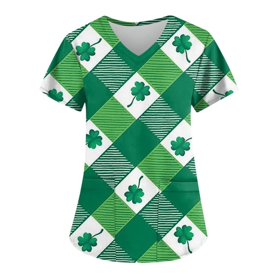 Mlqidk St Patricks Day Scrubs Tops for Women Plus Size Short Sleeve V Neck Heart Printed Nursing Uniform Holiday Scrub Tops White XL