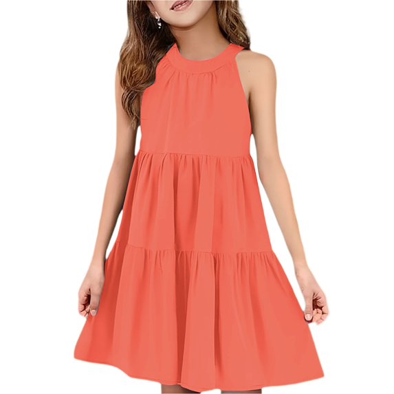 Mlqidk Summer Dresses for Girls 2025 Size 10-12 Crew Neck Sleeveless Ruffle Western Dress Summer Teens Trendy a Line Formal Graduation Solid color Midi Dress Orange 7-8 Years
