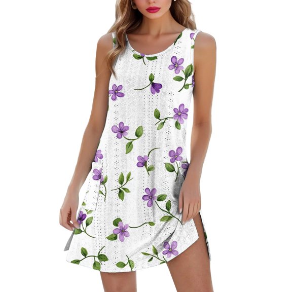 Mlqidk Summer Dresses for Women 2025 Scroop Neck Eyelet Casual Plus Size Tank Dress Sleeveless Flowy Floral Sundress Elegent Beach Clothes with Pockets Purple S