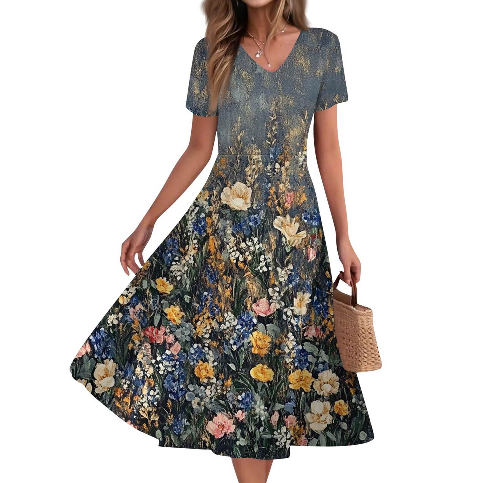 Mlqidk Summer Dresses for Women 2025 Flowy Floral V Neck Long Dress