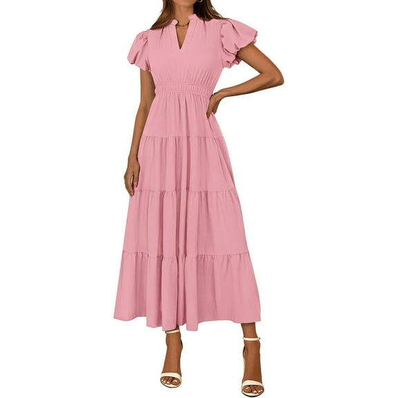 Mlqidk Summer Dresses for Women 2025 V Neck Casual Loose Dress Puff Sleeve Elastic Waist Boho Sundresses Curvy Beach Clothes Pink 2XL