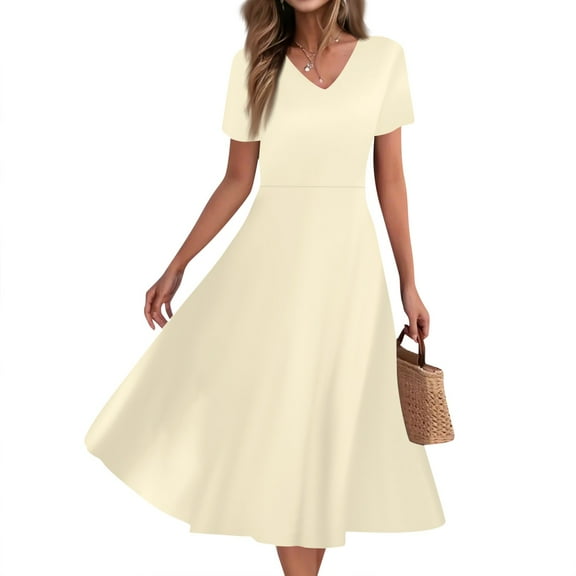 Mlqidk Summer Dresses for Women Casual V Neck A Line Short Sleeve T-shirt Dress Boho Loose Sundresses Wedding Guest Beach Vacation Outfits Beige 2XL