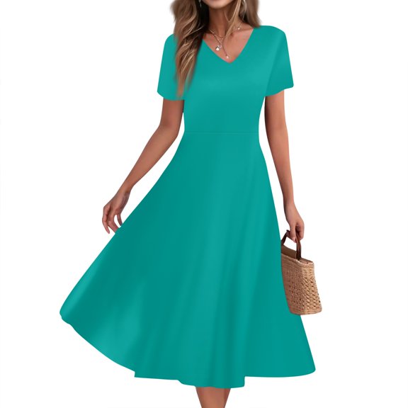 Mlqidk Sundresses for Women V Neck A Line Casual Plus Size Maxi Dresses Short Sleeve Boho Sundresses Wedding Guest Beach Vacation Outfits Turquoise XL