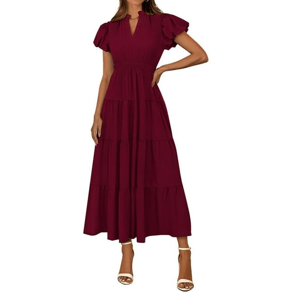 Mlqidk Sundresses for Women Casual V Neck A Line Puff Sleeve Elastic Waist Maxi Dresses Boho Loose Sundresses Elegent Beach Vacation Clothes Wine M