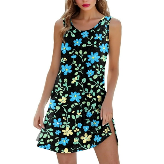 Mlqidk Sundresses for Women Scroop Neck Eyelet Casual Loose Short Dress Sleeveless Flowy Floral Sundress Swimsuit Beach Outfits with Pockets Blue L