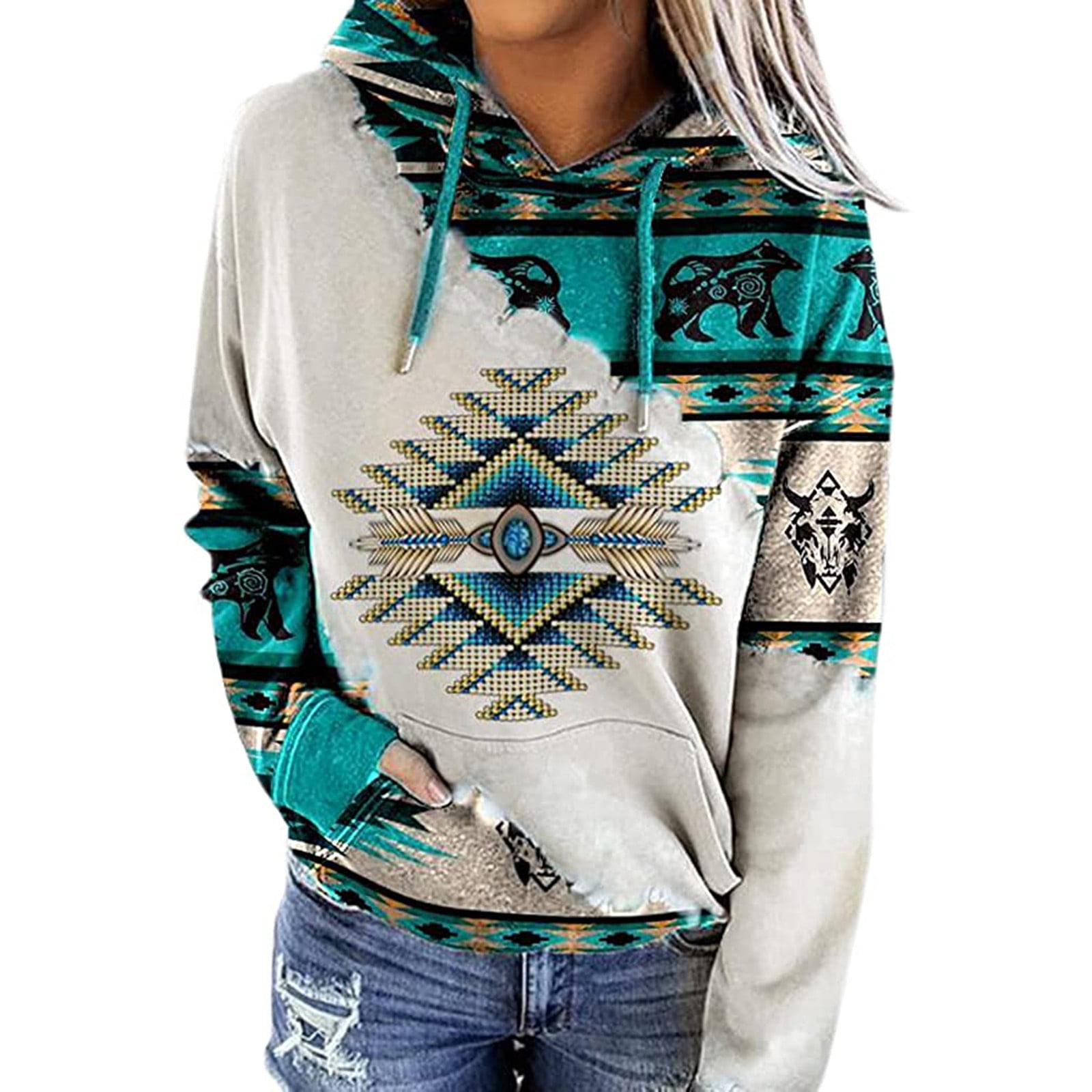 Mlqidk Sweatshirt for Women Western Aztec Geometric Print Tops Pullover