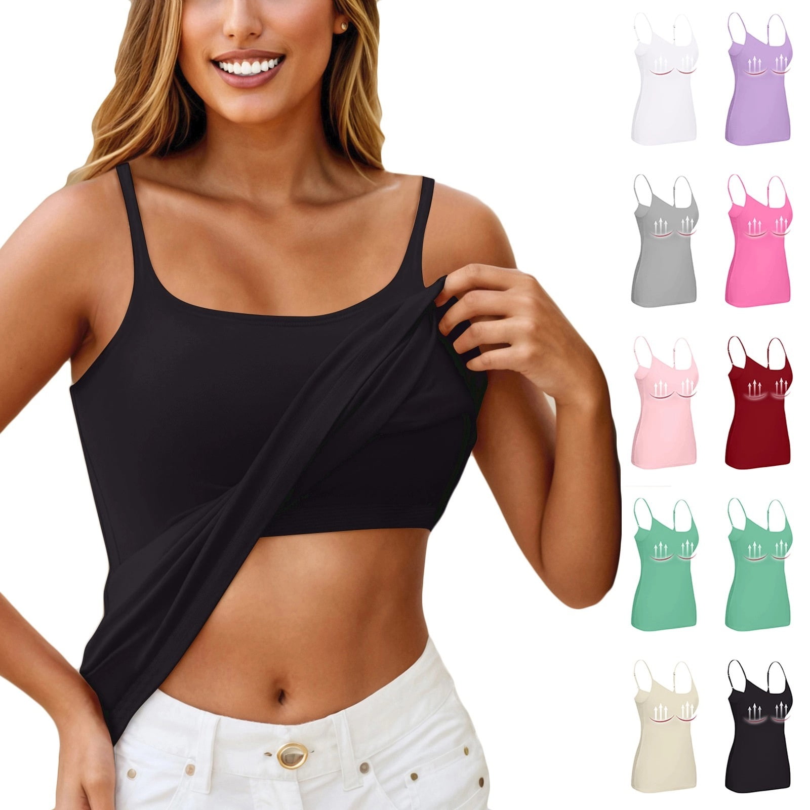 Mlqidk Tank Tops with Built In Bras Shelf Bra Camisoles Adjustable Spaghetti Strap Tank Tops Yoga Workout Basic Cami Undershirts Black L