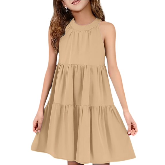 Mlqidk Teen Girl Dresses Size 10-12 Crew Neck Sleeveless Ruffle a Line Girls Summer Cute Tie Back Dress Trendy Solid color Midi Dress Camel 7-8 Years