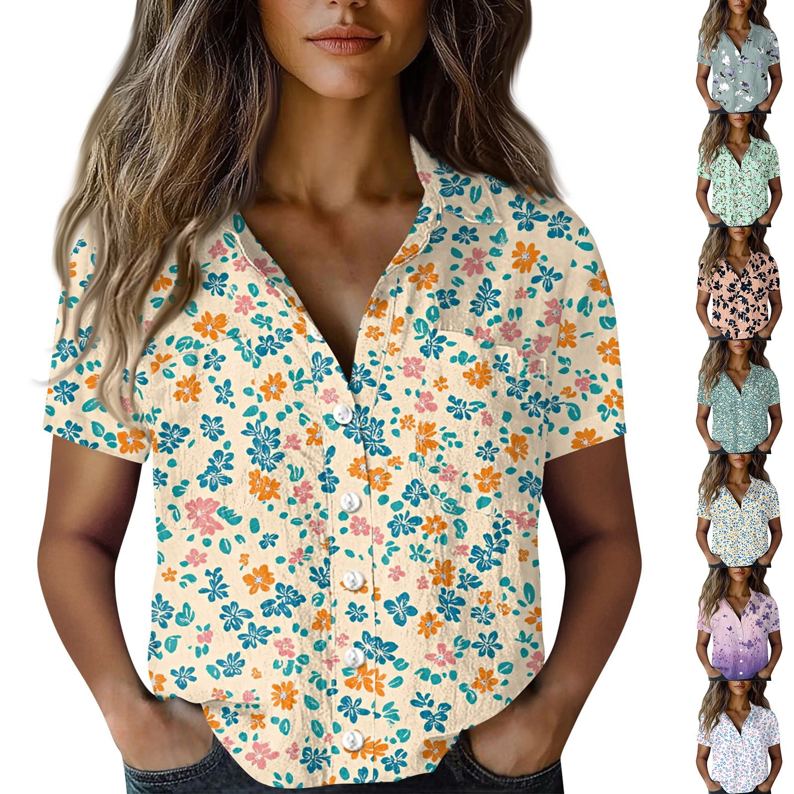 Mlqidk Tops Women Casual Hawaiian Button V Neck Short Sleeve Shirts ...