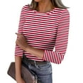 thumbnail image 1 of Mlqidk Tops for Women Trendy Casual 3/4 Length Sleeve Slim Fit Tops Fashion Boat Neck Knit Tshirts Striped Print Ribbed Pullover Outfits Hot Pink S, 1 of 4