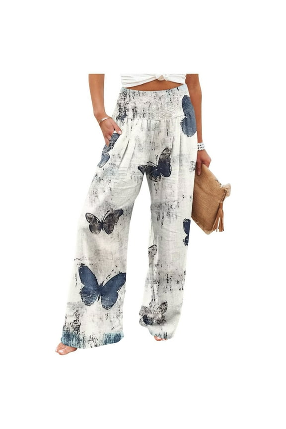 Trousers Pants for Women Casual High Waist Palazzo Pants Petite Wide Leg Cotton Linen Trousers Plus Size Loose Floral Print Pants with Pocket Gray M