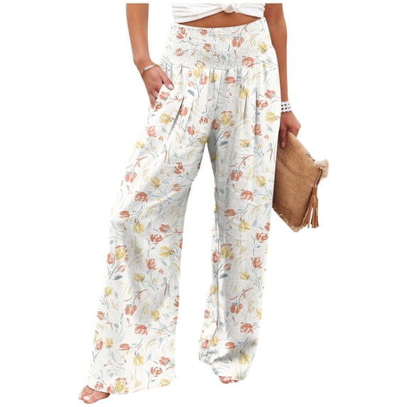Mlqidk Trousers Pants for Women Casual High Waisted Gauze Pants Petite Wide-Leg Cotton Linen Trousers Plus Size Loose Floral Print Pants with Pocket White 2XL