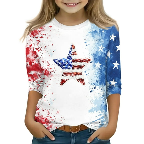 Mlqidk Usa Shirts for Girls 10-12 10-12 American Flag 4th Of July 3/4 Sleeve Tees Independence Day Red White and Blue Crew Neck T-Shirts Kids Red 12-13Y