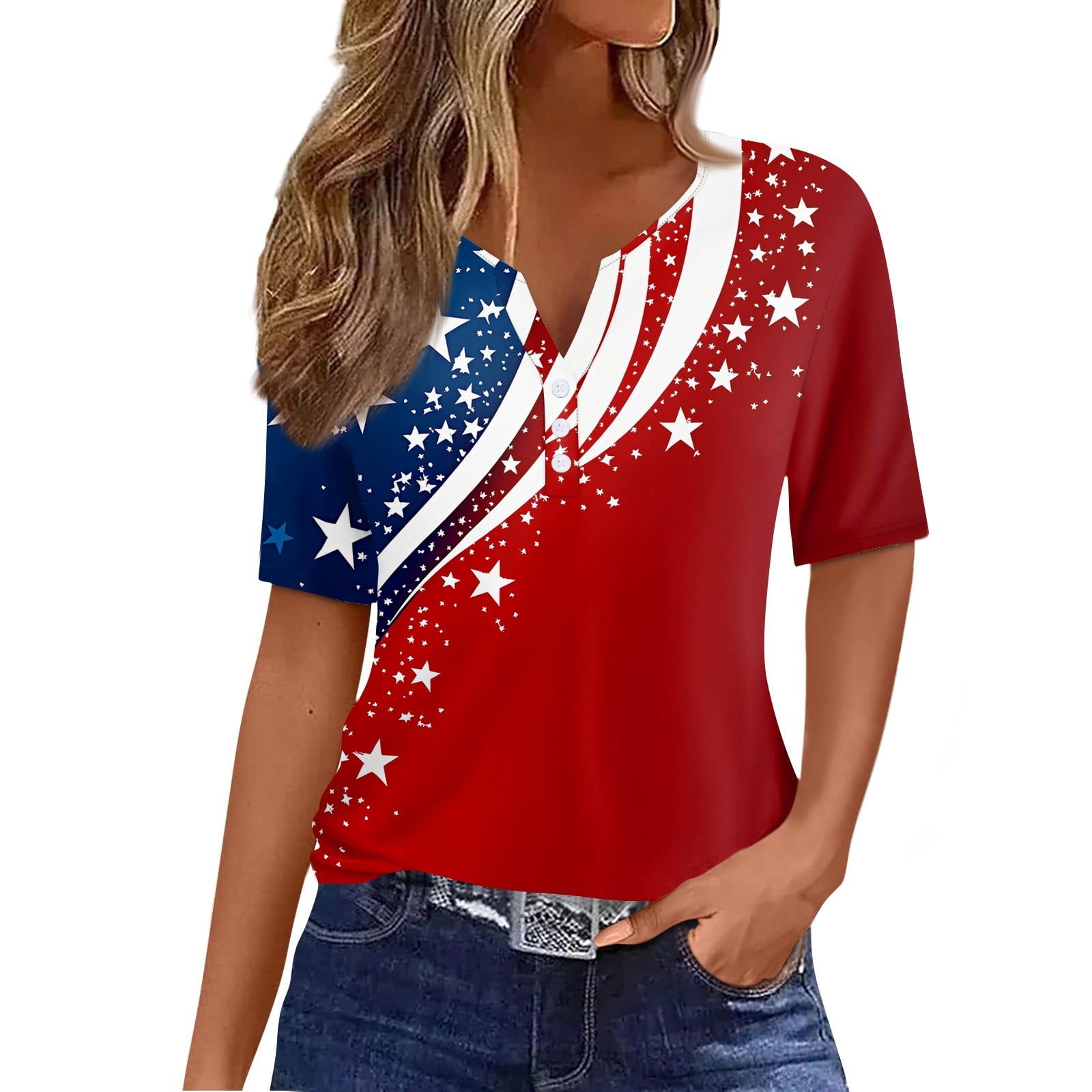  Navy Stars on Red Stripes Ladies Button Shirt