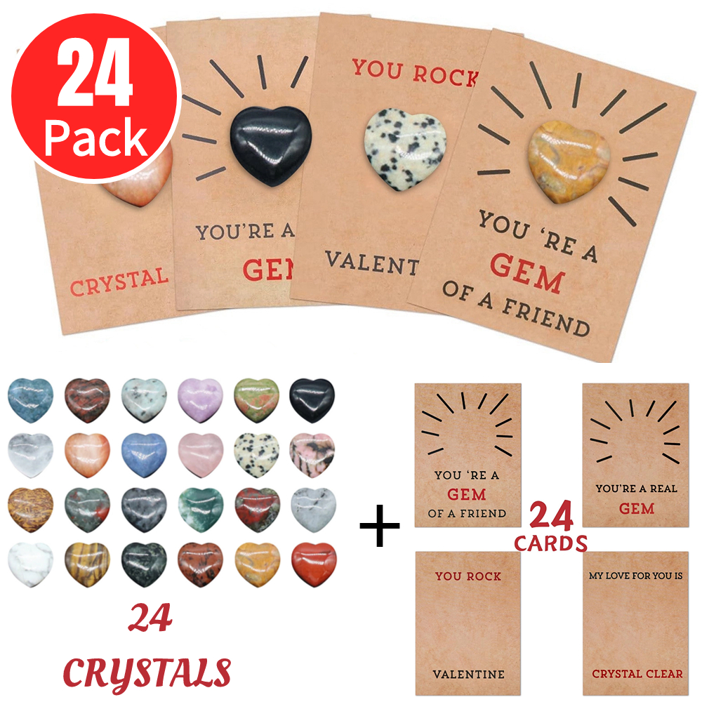 Mlqidk 24 Pack Valentines Cards with Heart Shape Crystal Stones
